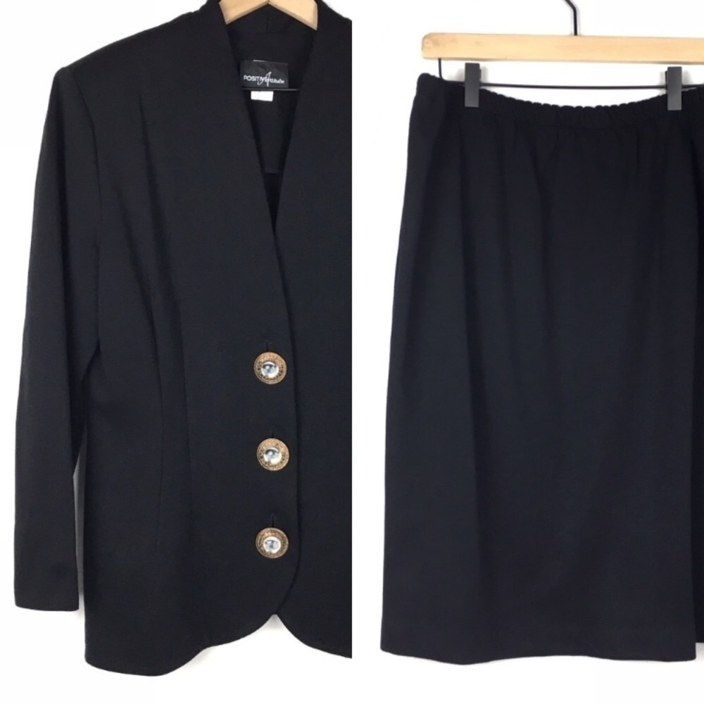 VINTAGE Skirt Suit Art Deco Button Mod Retro 80s Positive Attitude Size 15/16